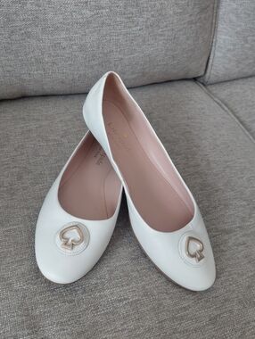 Kate Spade Pallenberg White Leather Ballet Flats with Gold Spade Accent